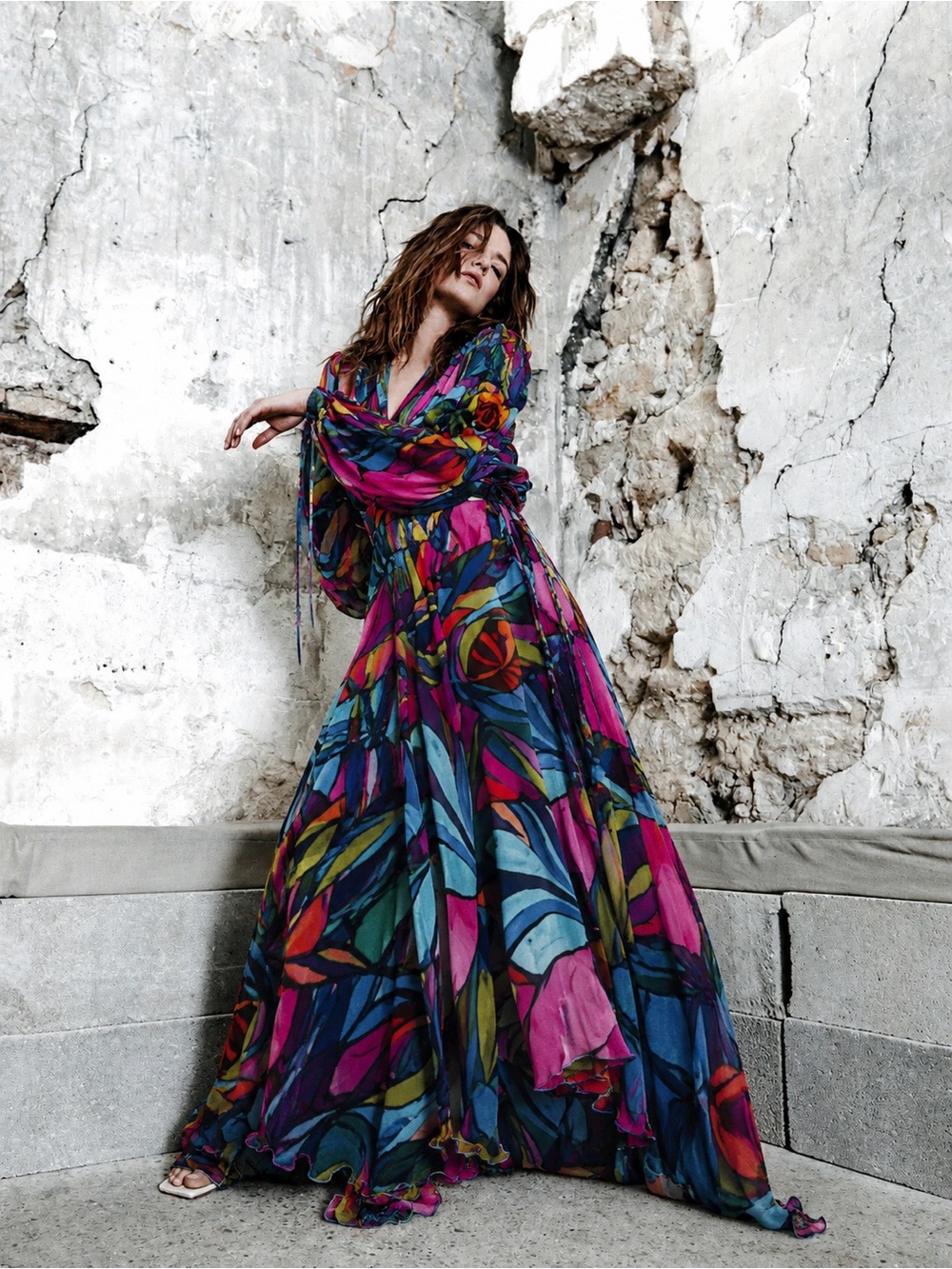 OUD Paris 100% Silk Abstract Print Maxi Dress Multicolor Long Sleeve Boho  M